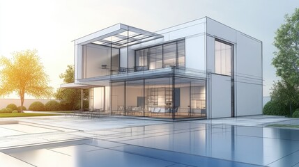 Poster - 3D illustration of a modern house design sketch