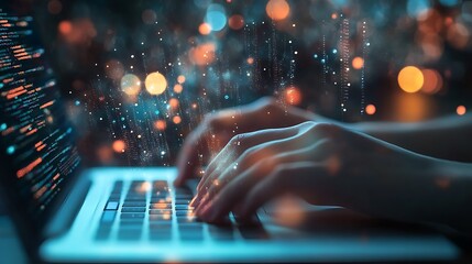 Hands typing on a laptop with blurred lights and code in the background.