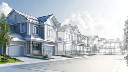 Poster - 3D illustration of an architectural sketch of a townhouse design