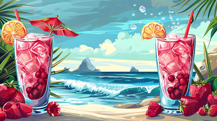 Wall Mural - Two refreshing cocktails on a tropical beach with a beautiful ocean view.