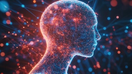 Poster - 3D illustration of artificial intelligence and machine learning concepts featuring a virtual human with disrupted connection data