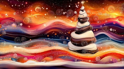 Wall Mural -   A painting depicts an ice cream cone pile atop a snowy wave with a star above