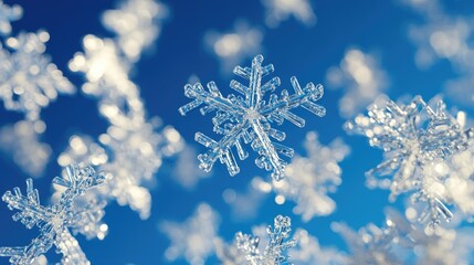 Poster - 3D particles of winter snowflakes on a blue gradient backdrop