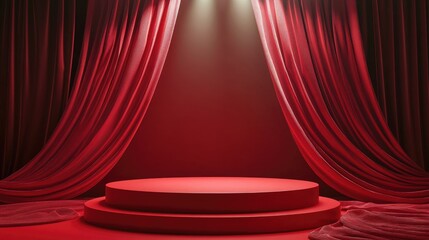 Poster - 3D podium with a red backdrop fabric drapes and spotlight creating a luxurious atmosphere