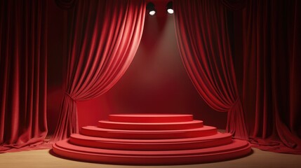 Poster - 3D podium with a red backdrop fabric drapes and spotlight creating a luxurious atmosphere