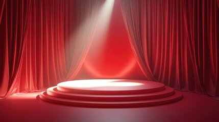 Poster - 3D podium with a red backdrop fabric drapes and spotlight creating a luxurious atmosphere