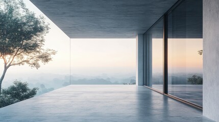 Poster - 3D render of a modern abstract glass structure featuring a bare concrete floor