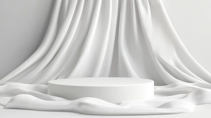 Poster - 3D render of a white podium for product display placed on smooth white satin fabric