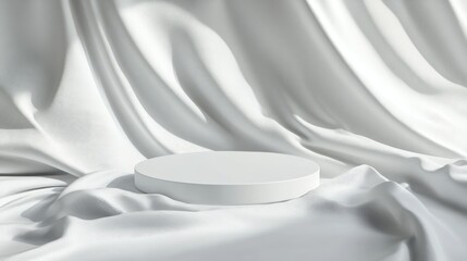 Poster - 3d render of a white podium for product display placed on smooth white satin fabric