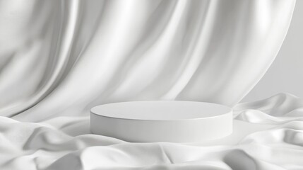 Poster - 3D render of a white podium for product display placed on smooth white satin fabric