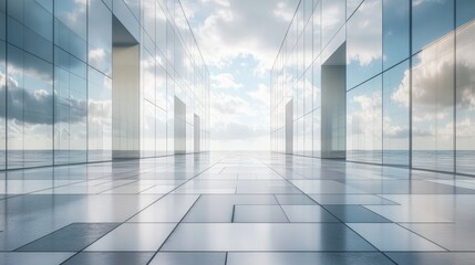Poster - 3D render of an abstract futuristic architectural backdrop featuring a vacant reflective concrete tile floor Concept for presentations keywords headlines and advertising Artistic glass building sha