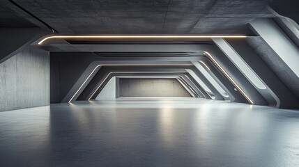Poster - 3D render of an abstract futuristic architectural space featuring an empty concrete floor ideal for showcasing vehicles
