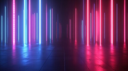 Fototapete - 3D render of an abstract geometric background featuring glowing vertical lines in darkness a neon equalizer graph and a modern minimalist design with a blue red gradient under ultraviolet light
