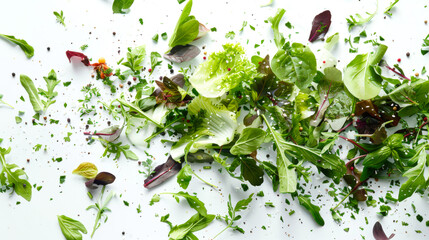 Wall Mural - Bunches of various greens are scattered on the white table. The greens include lettuce leaves, parsley, basil, arugula, spinach and other seasonings. The concept of abundance and freshness