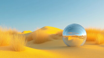 Poster - 3D render of an abstract surreal landscape featuring dunes yellow grass pastel sand and reflective glass elements alongside a metallic sphere