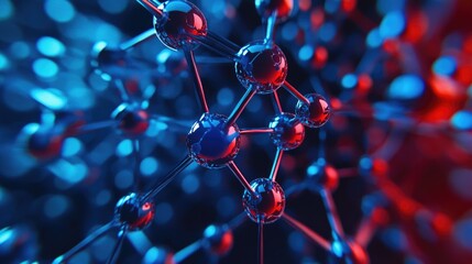 Poster - 3D Render of Molecular Structures in Blue and Red as a Scientific Concept Background