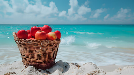 A basket full of favorite red apples on a beautiful beach background.