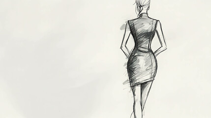 A simple, elegant sketch of a woman in a dress from behind.