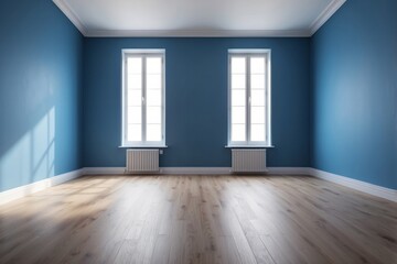 Empty Room with Blue Walls, Two Windows, and Hardwood Floor