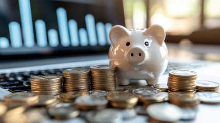 A white piggy bank on a laptop with a pile of coins and glasses. The concept of financial planning