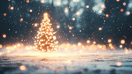 Wall Mural -   A beautifully lit Christmas tree stands atop a snow-covered ground surrounded by falling snowflakes