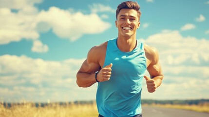 Canvas Print - A man in a blue shirt running down the road, AI