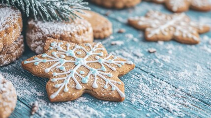  A table featuring cookie icing, pinecone, & snowflake