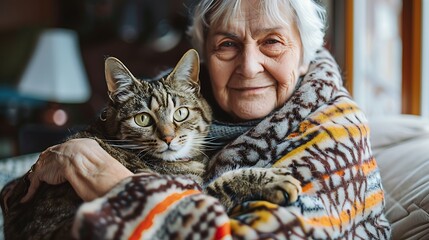 Wall Mural - An elderly woman cuddles a cat while wrapped in a cozy blanket, showcasing warmth and companionship.