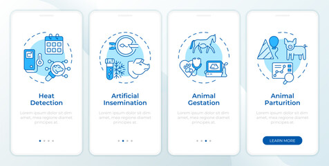 animal reproduction types blue onboarding mobile app screen. walkthrough 4 steps editable graphic in