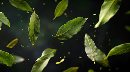 Wall Mural - A useful and fragrant spice used in cooking. A bunch of green bay leaves is floating in the air. The leaves are scattered all over the black background, creating a sense of movement and energy