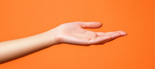 Woman hand receive gesture on orange background. Generative AI technology.	
