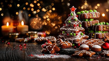 Poster -  A festive gingerbread Christmas tree on a table, illuminated by lights behind it