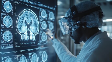 A doctor wearing a digital holographic interface uses advanced technology to analyze the brain scan of a patient. This innovative approach represents the future of medicine and science. 