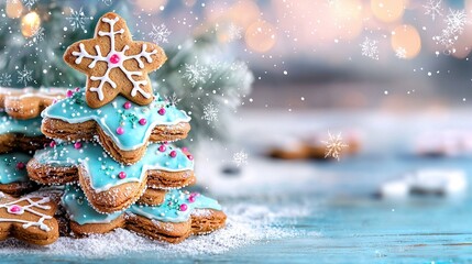 Wall Mural -   A Christmas Tree Surrounded by Cookies - A photo capturing a pile of cookies, complete with frosting and sprinkles, arranged on a blue surface in front of