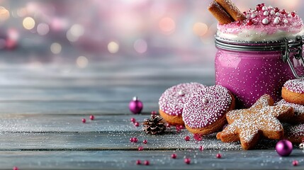 Wall Mural -   A jar of pink-frosted donuts sits beside a mound of pink sprinkles on a wooden table