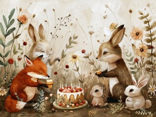 Wall Mural - A fox and three bunnies gather around a birthday cake in a field of wildflowers.