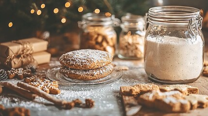 Poster -   A pair of cookies resting atop a table alongside a glass of milk and a box of treats