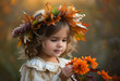 © Iryna - Adorable little girl wearing a floral autumn crown, surrounded by fall foliage, capturing the innocence and beauty of childhood in autumn.