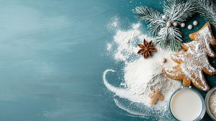 Poster -  A table topped with cookies and powdered sugar sits beside two mugs of milk and a Christmas tree ornament