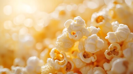 Bright and crisp close-up of freshly popped popcorn, high-key lighting, macro photography, golden hues, textured details, shallow depth of field, buttery kernels.