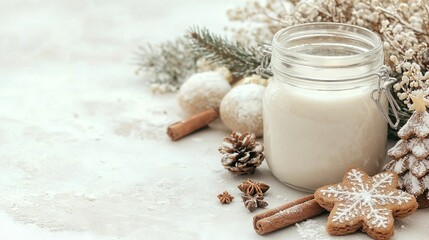 Poster -   A white liquid in a jar, surrounded by snowflakes and a pinecone on a white background