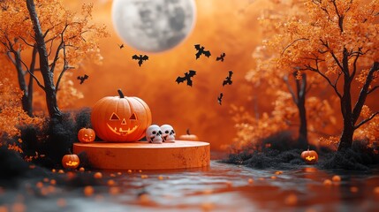 3D orange pumpkin carved with a jack-o-lantern face on a wooden platform, surrounded by small white skulls and bats flying against an orange sky with a full moon.