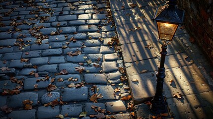 Old-fashioned street lamp casting intricate shadows on a cobblestone path