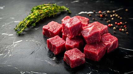 Wall Mural - Fresh raw beef cubes on black marble countertop, high-resolution food photography, vibrant red meat color, visible marbling, tender texture, studio lighting, dramatic contrast.