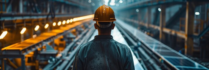 Poster - In an industrial factory, a worker in a hard hat inspects machinery to ensure safety and efficiency in a hightech manufacturing environment, essential for industrys safety and productivity