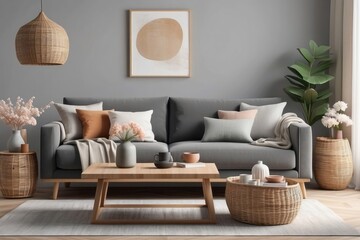 Wall Mural - Grey Sofa with Wicker Accents in a Modern Living Room