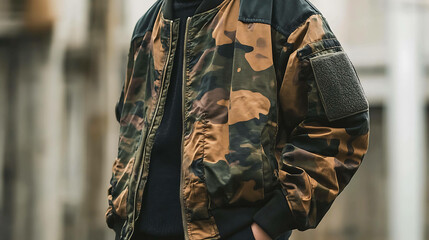 close up of a camo bomber jacket.