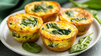 Wall Mural - Four spinach egg muffins served on a plate, showcasing a healthy breakfast option.