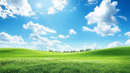 Wall Mural - Abstract green landscape with blue sky and fluffy clouds   captivating nature wallpaper