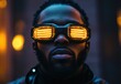 © Vladislav - A Black man wearing futuristic glasses with yellow lights, looking straight ahead, in the style of cyberpunk, with a symmetrical composition, cinematic lighting